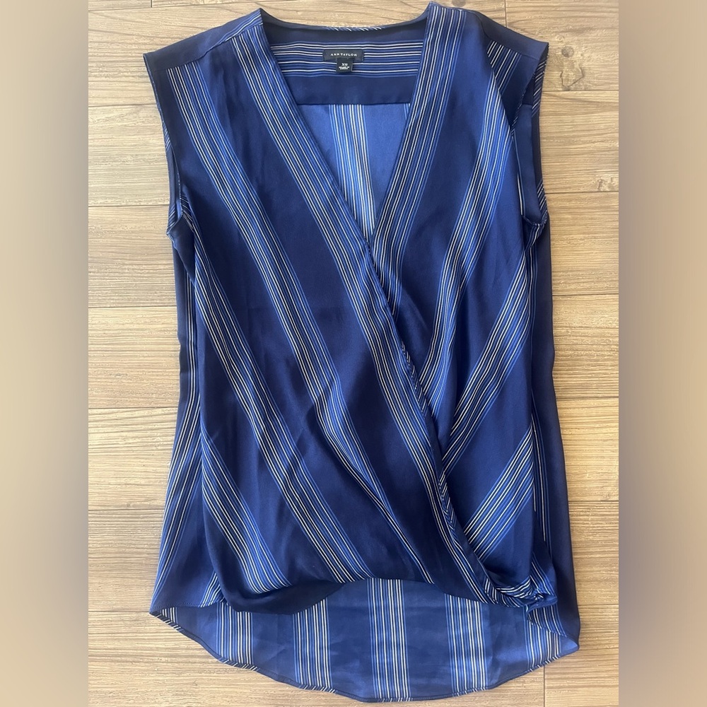 (Ann Taylor) Drapey satin-finish top in blue stripes